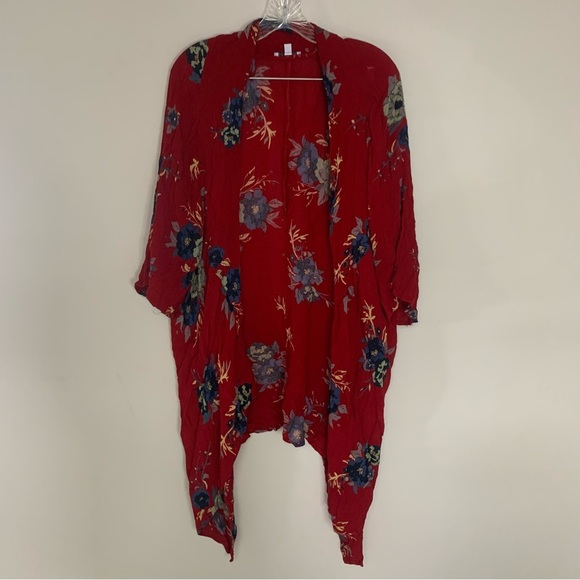 Patrons Of Peace Red Blue Floral Rayon Kimono Open Front M - Picture 1 of 8
